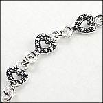 Sterling Silver Antiqued Beaded Open Heart Link Bracelet, 7.5"